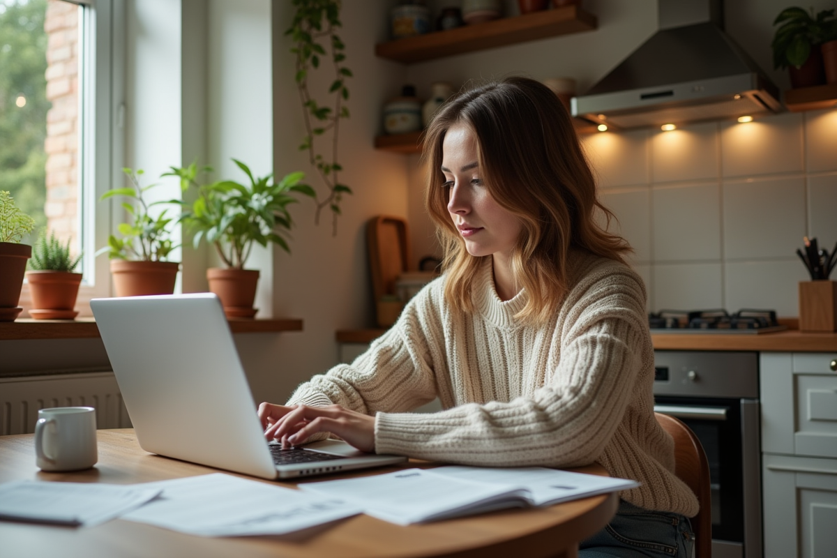 Jeune femme au domicile examinant des documents sur un ordinateur portable