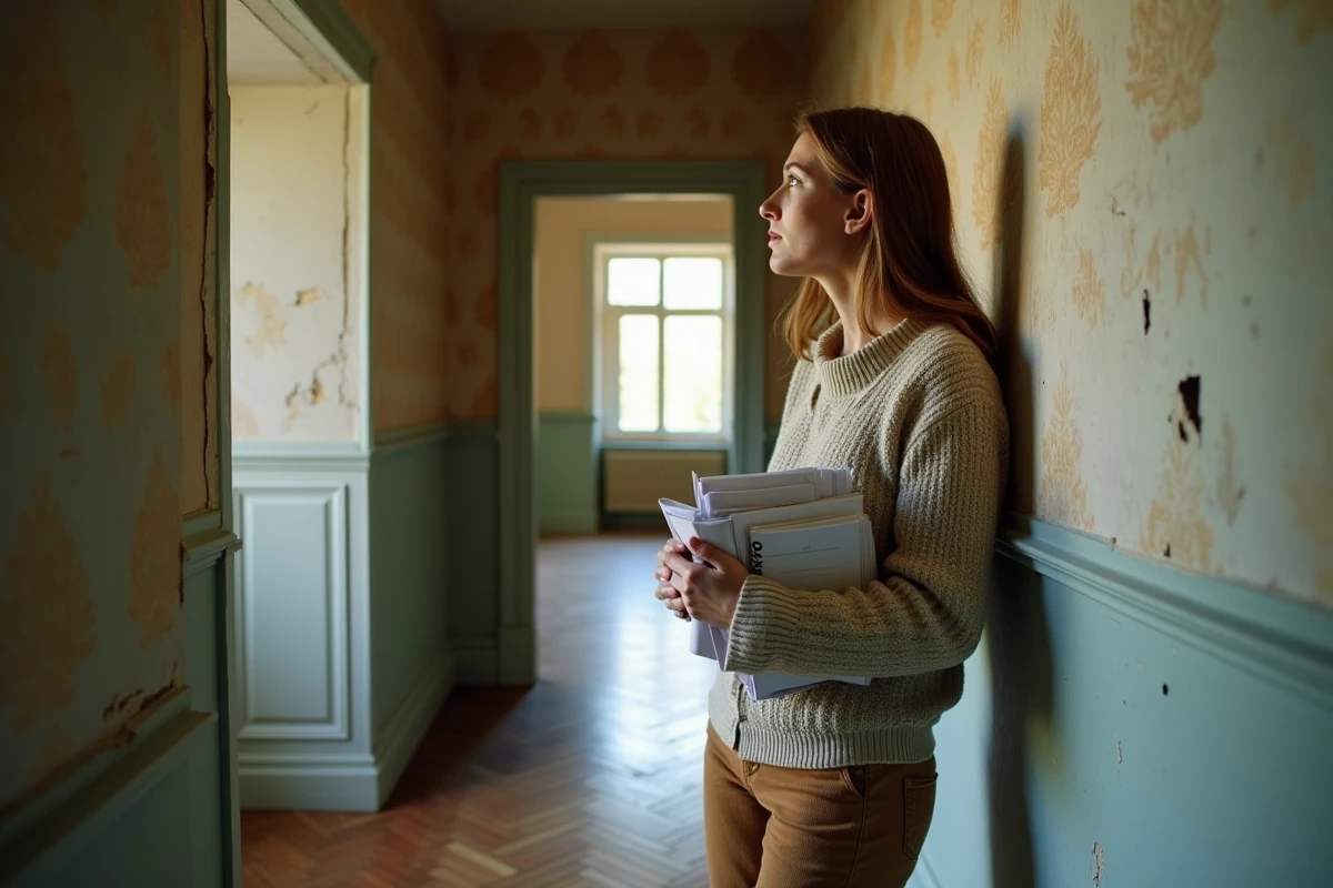 Jeune femme examinant un mur dans une maison abandonnée