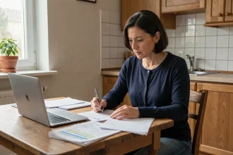 Femme consultant des documents administratifs pour renforcer son dossier logement RSA à la maison