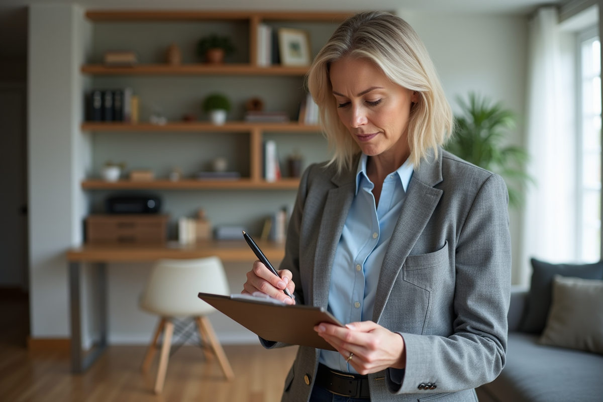 Femme en tenue décontractée dans son salon moderne