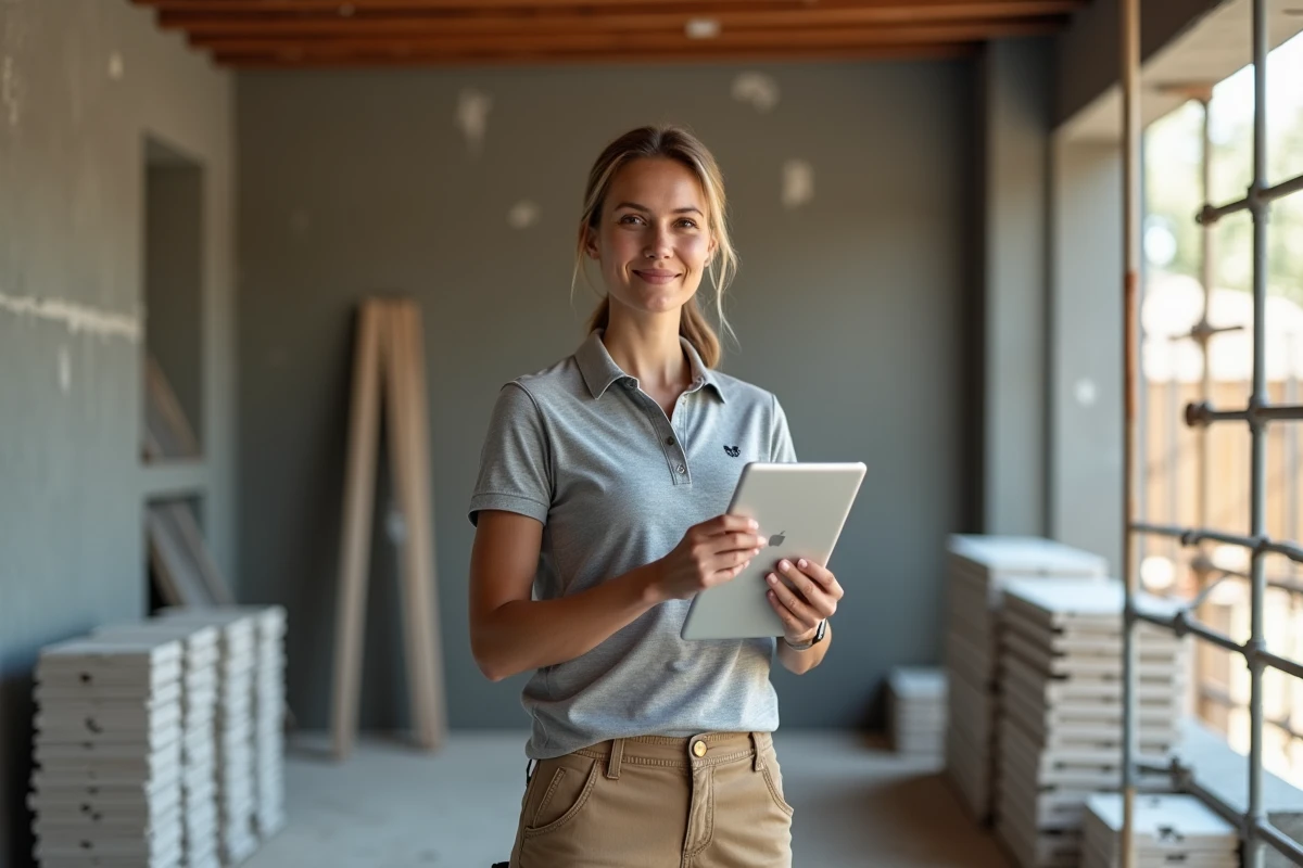 Femme entrepreneur en rénovation sur un chantier actif tenant une tablette avec une proposition client, portant un polo à logo de marque personnelle