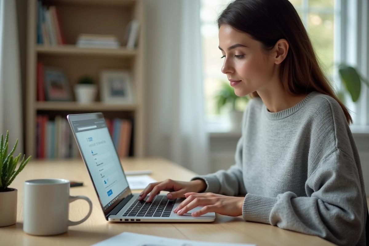 Femme utilisant son espace client en ligne sur un ordinateur portable depuis son bureau à domicile