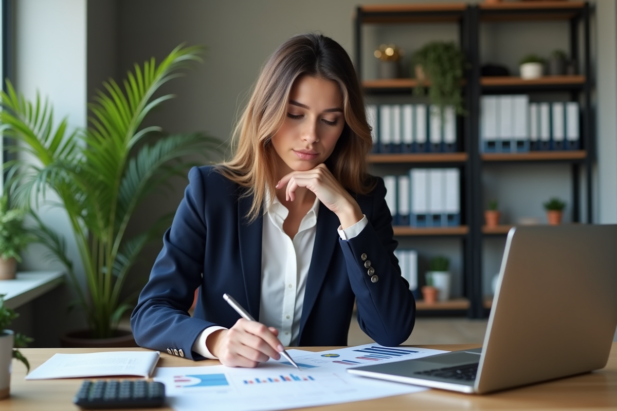Femme d'affaires en revue de graphiques financiers