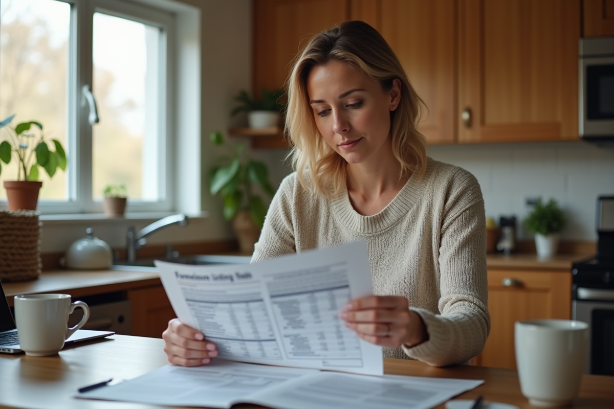 Femme examinant une liste de saisie immobilière à la maison