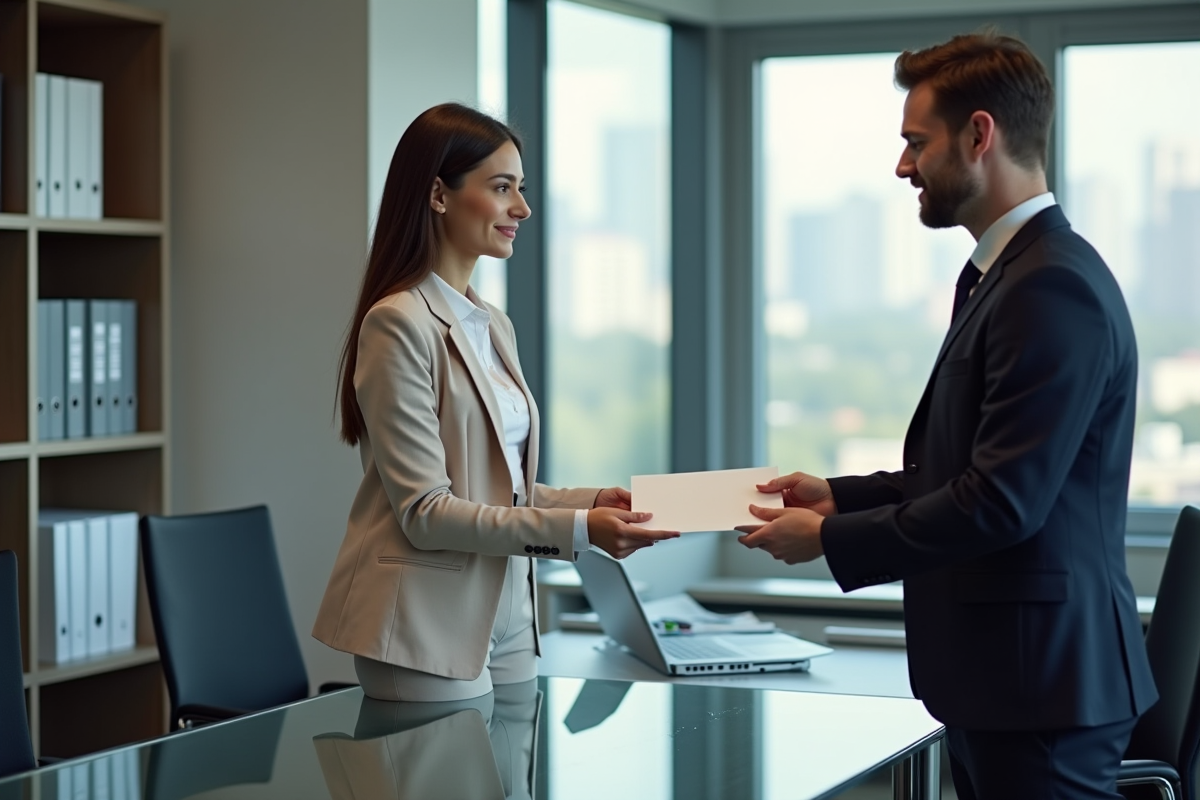 Jeune femme remettant un document à un agent dans un bureau moderne