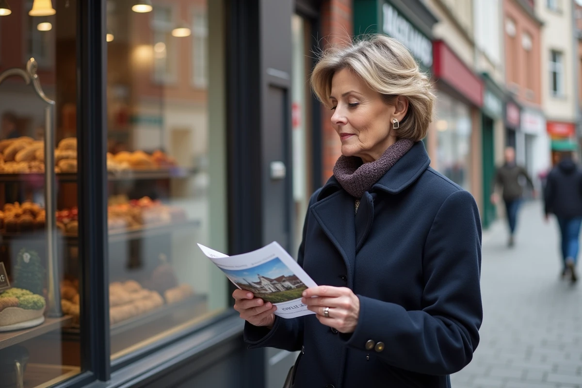 Femme examinant une brochure immobiliere devant une boulangerie