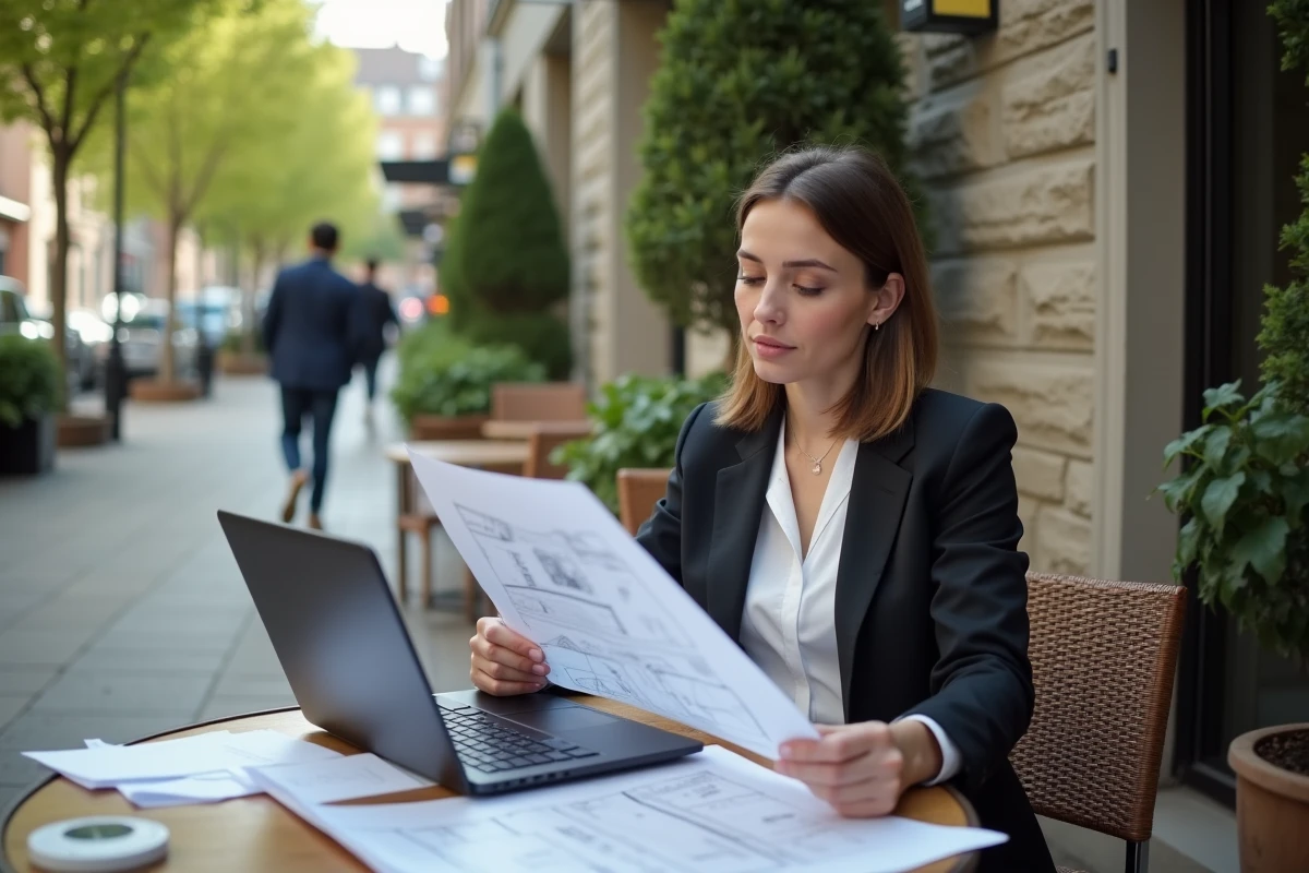 Jeune femme professionnelle étudie plans de maison au café