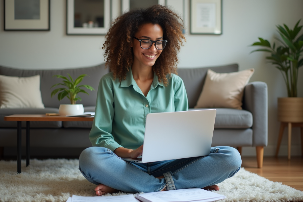 Jeune femme souriante travaillant sur son ordinateur portable à la maison