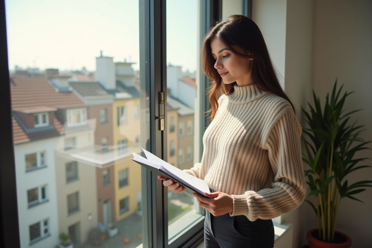 Jeune femme regardant des documents immobiliers près d