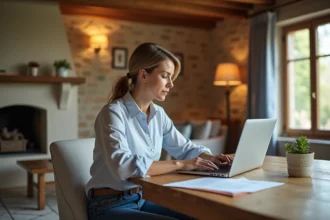 Femme utilisant un ordinateur dans un gîte rustique chaleureux