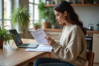 Femme assise à la cuisine vérifiant un document ALIN