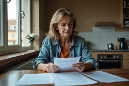 Femme d'âge moyen consulte des documents de logement à la maison