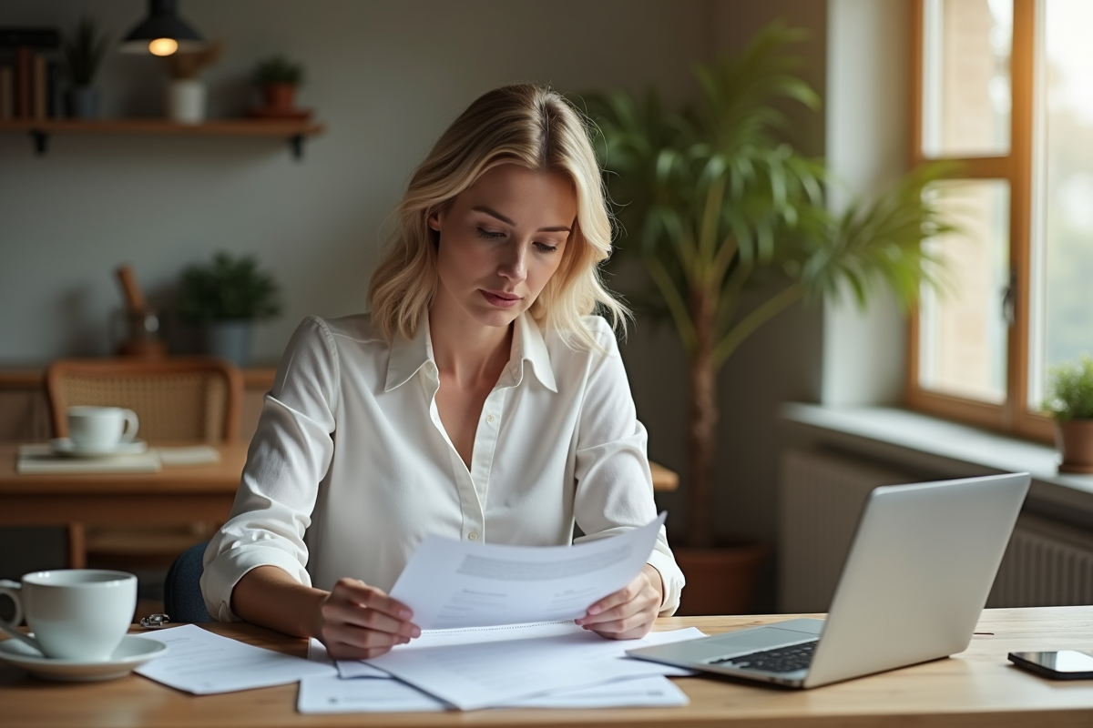 Femme lisant des documents de pret dans un intérieur cosy