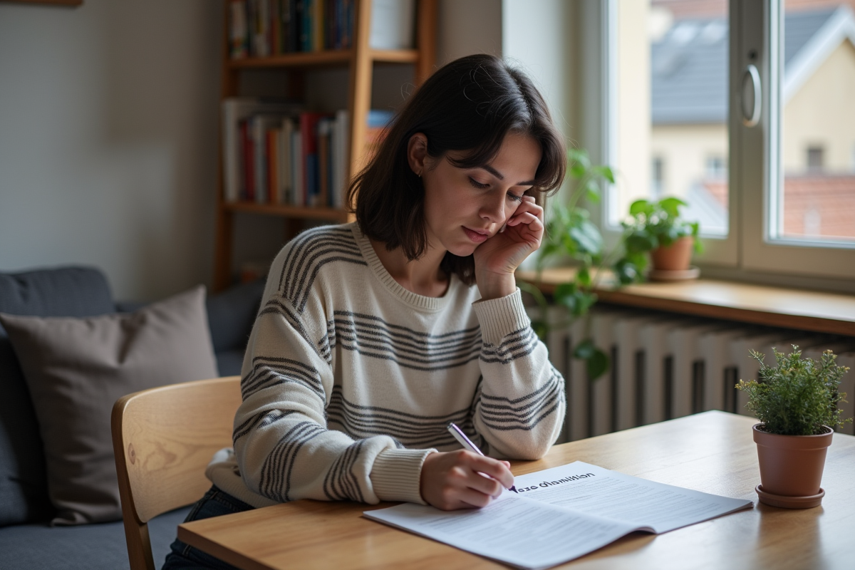 Femme lisant un document taxe d habitation dans un appartement