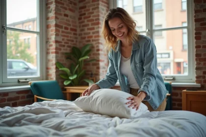 Femme souriante posant des draps dans un appartement lumineux