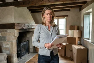 Femme tenant des documents dans le salon d'une maison mosellane à vendre suite à un divorce, avec cartons et cheminée en pierre