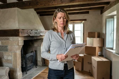 Femme tenant des documents dans le salon d'une maison mosellane à vendre suite à un divorce, avec cartons et cheminée en pierre