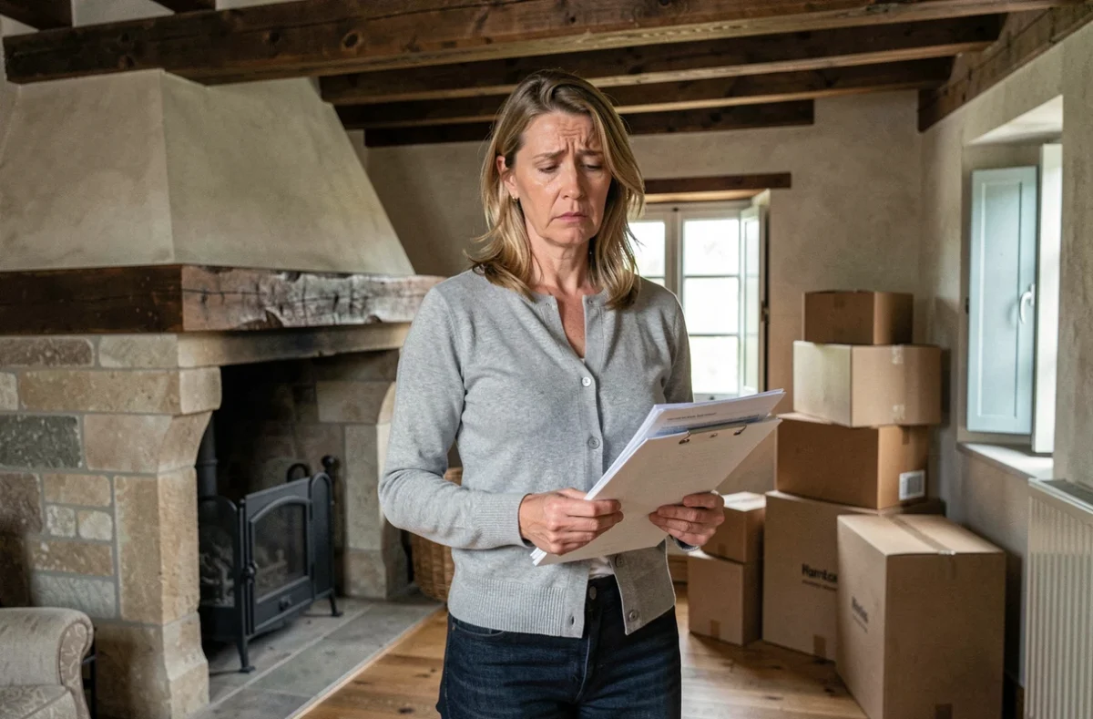Femme tenant des documents dans le salon d'une maison mosellane à vendre suite à un divorce, avec cartons et cheminée en pierre