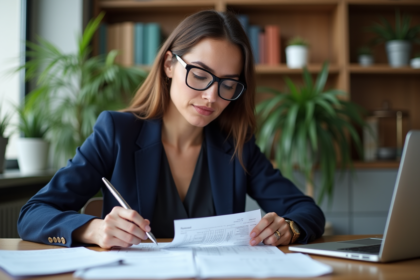 Femme en bureau organisant des documents et factures