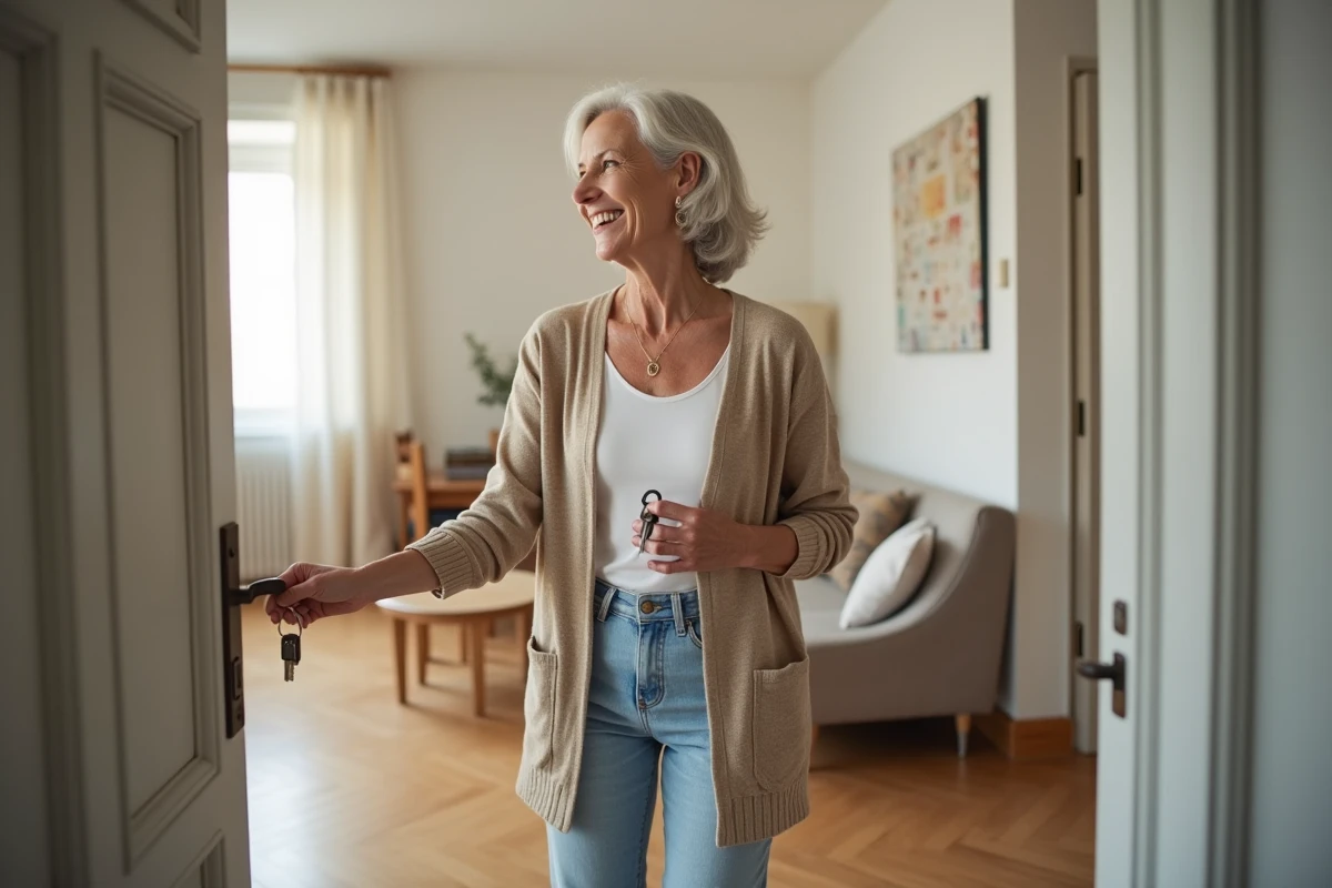 Femme âgée tenant des clés devant un appartement accueillant