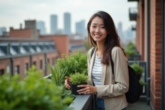 Jeune femme souriante arrangeant des plantes vertes sur un balcon urbain