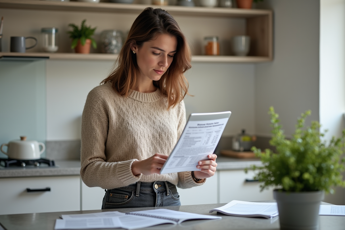 Femme dans la cuisine examinant un document fiscal