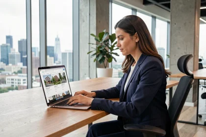 Femme professionnelle recherchant un logement près de son travail sur ordinateur portable dans un bureau moderne avec vue sur la ville