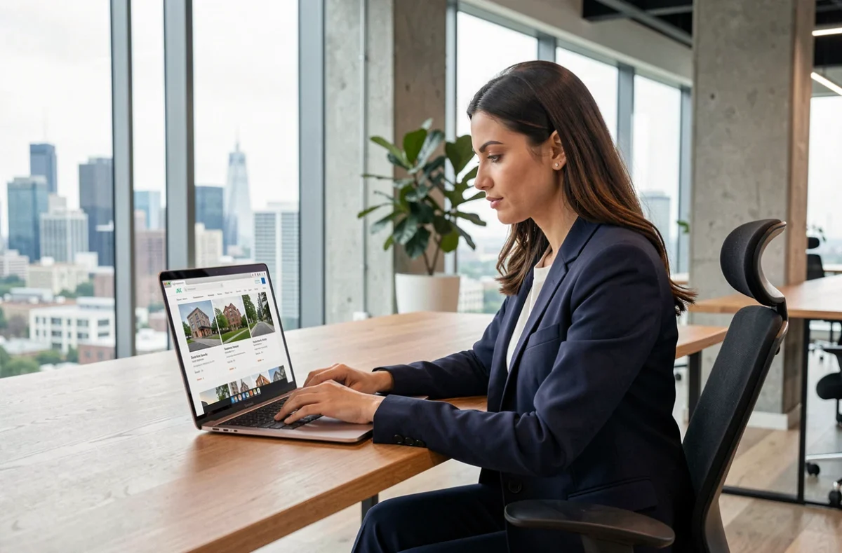 Femme professionnelle recherchant un logement près de son travail sur ordinateur portable dans un bureau moderne avec vue sur la ville