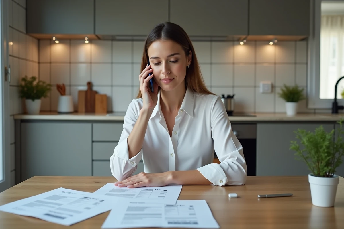 Femme au téléphone vérifiant des factures de réparation dans la cuisine