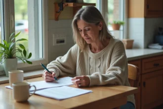 Femme d'âge moyen examine des documents dans la cuisine