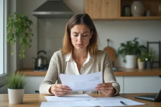 Femme en cuisine examine des papiers avec souci