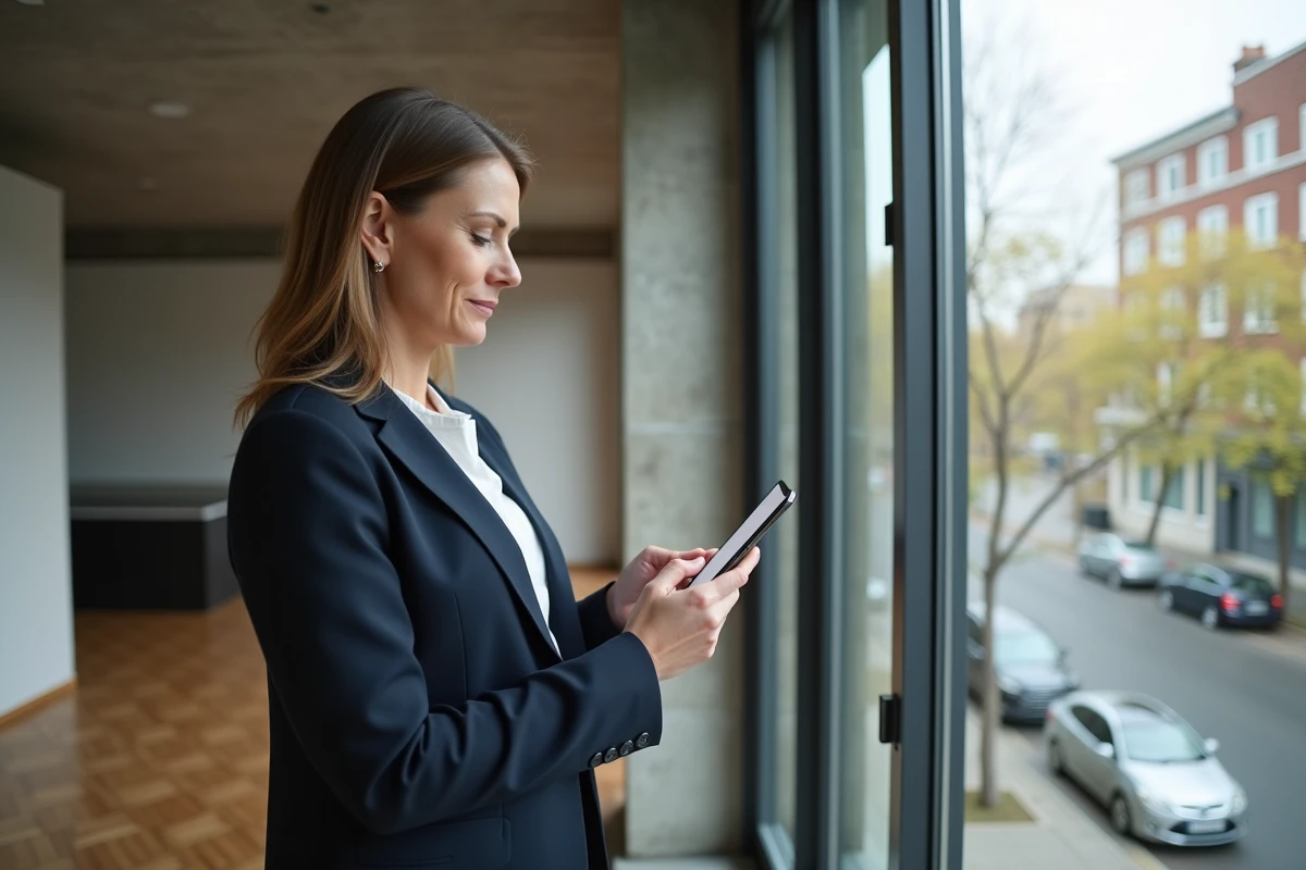 Une femme consulte une application de comparaison de taux immobiliers lors d'une visite d'appartement en 2026