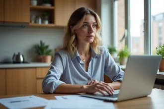 Femme travaillant sur son ordinateur dans une cuisine moderne