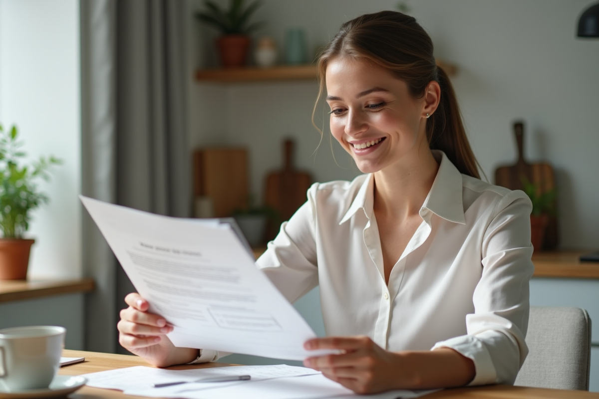 Femme souriante travaillant à la maison avec papiers