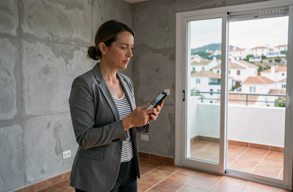 Femme française visitant seule un appartement vide à vendre à Rosas en Espagne, smartphone en main avec une annonce immobilière