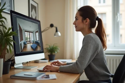Femme consultant une visite virtuelle 360 degrés d'une maison sur ordinateur depuis son bureau à domicile
