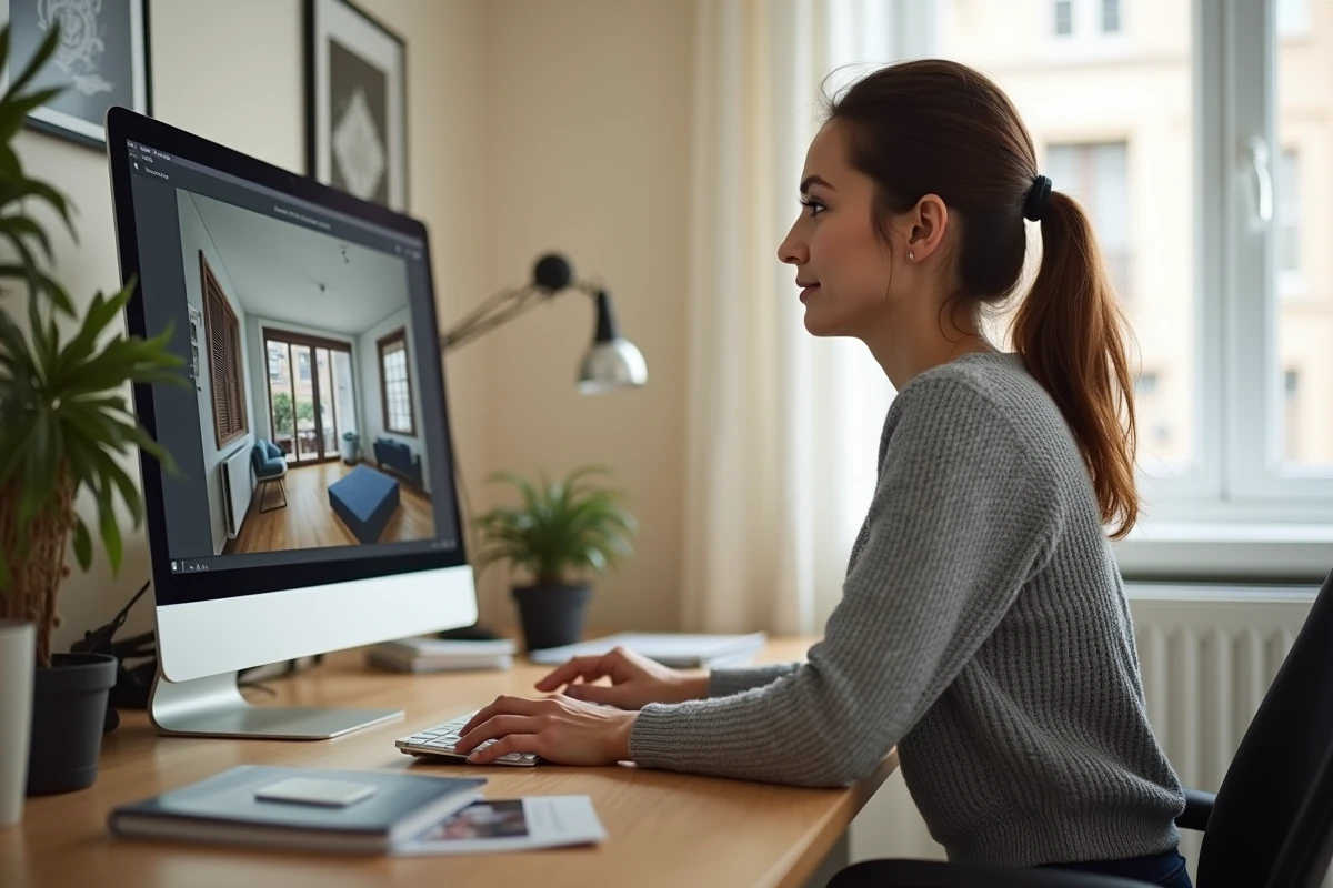 Femme consultant une visite virtuelle 360 degrés d'une maison sur ordinateur depuis son bureau à domicile