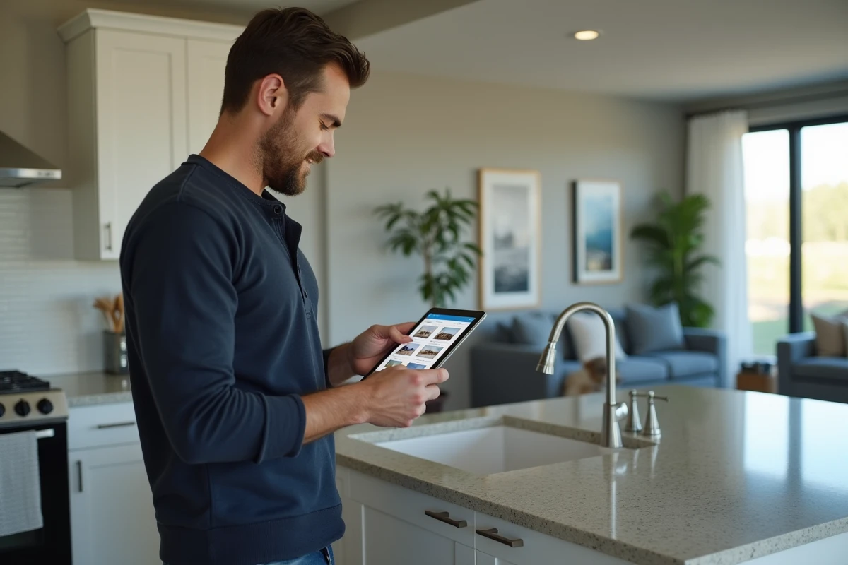 Homme consultant une application de gestion de planning sur tablette dans une cuisine moderne de location courte durée