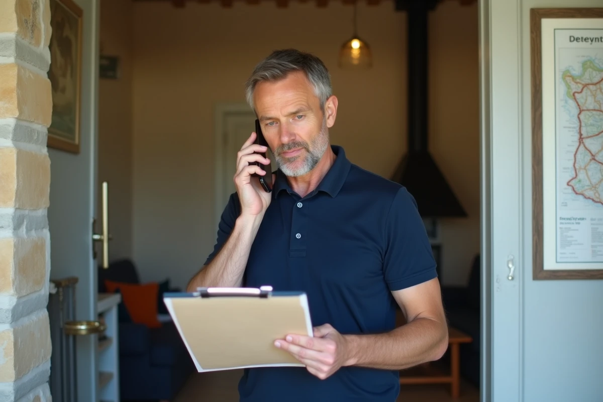Gestionnaire professionnel de gîtes ruraux supervisant une propriété avec presse-papiers et téléphone