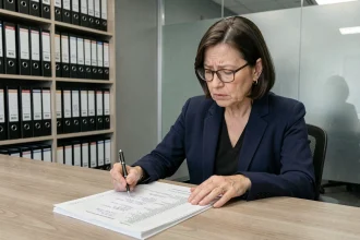 Gestionnaire de copropriété examinant un registre papier avec attention dans un bureau professionnel