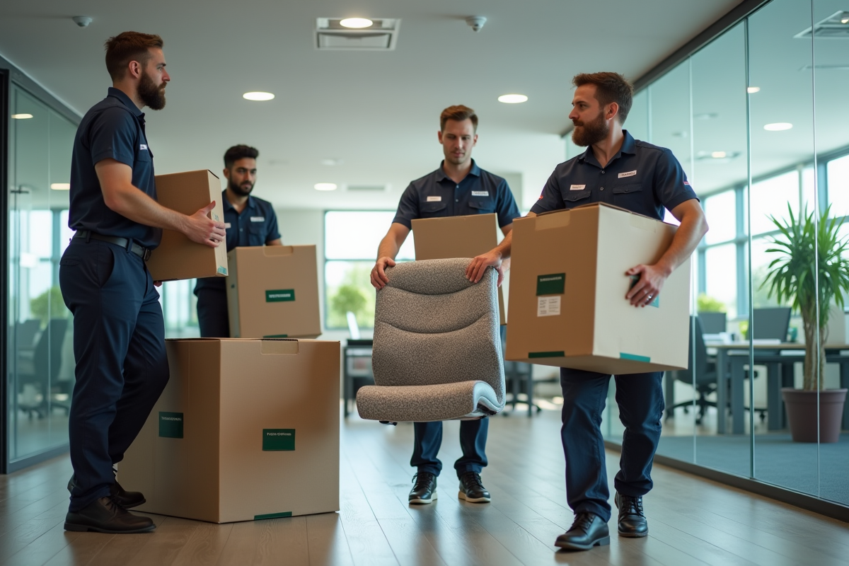 Équipe de moveurs professionnels en action dans un bureau moderne