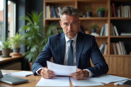 Homme d'affaires en costume organise des documents