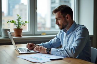 Homme en analyse immobiliere dans un appartement lumineux