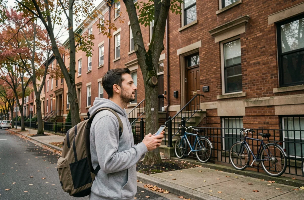 Homme consultant une application de recherche de logement sur smartphone devant un immeuble résidentiel en ville