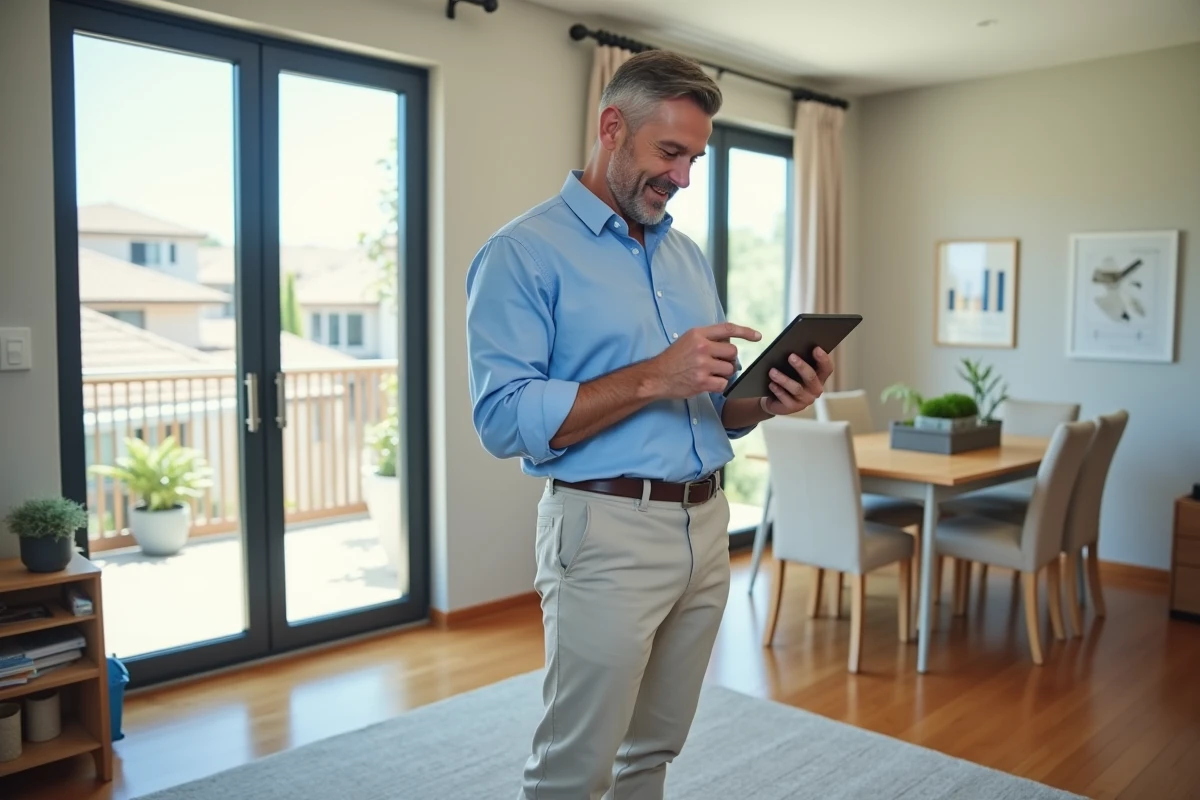 Homme souriant vérifiant valeur immobilière sur tablette