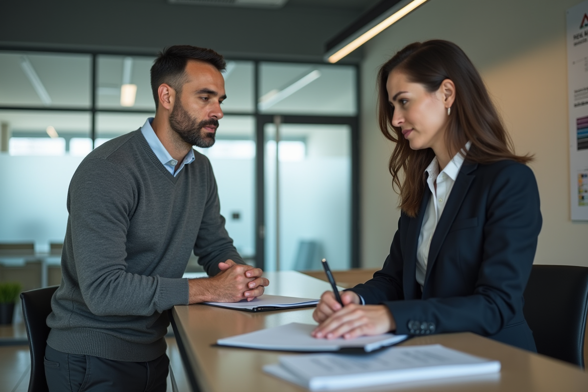 Homme et femme discutant dans un bureau immobilier
