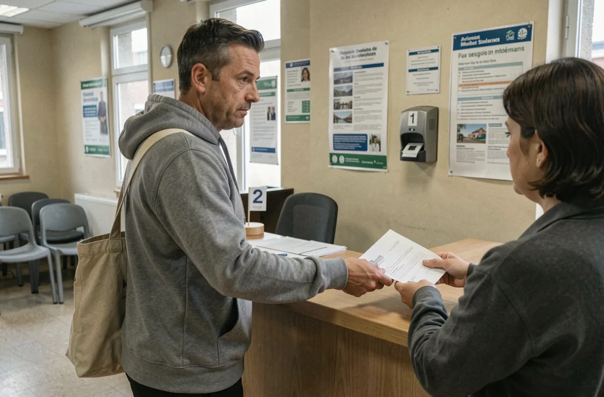 Homme déposant son dossier logement RSA au guichet d'un service social