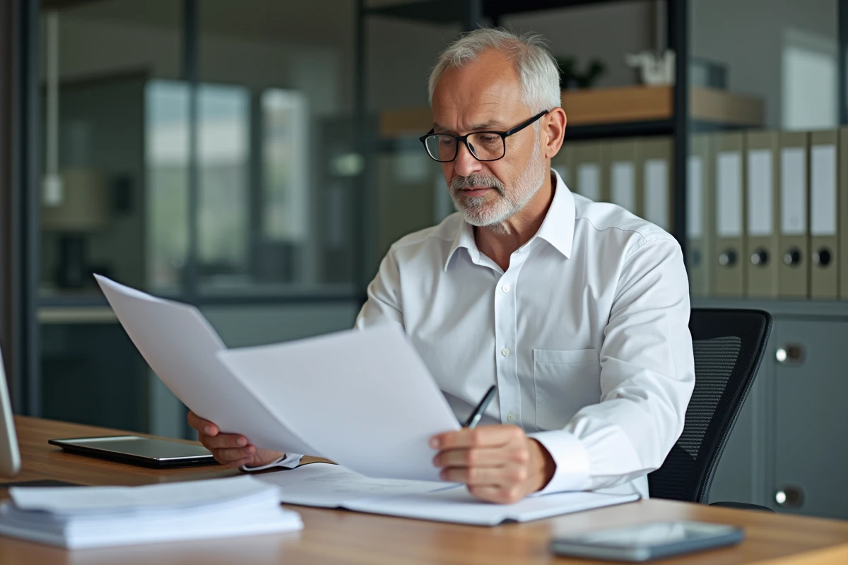 Homme examinant des documents immobiliers dans un bureau lumineux