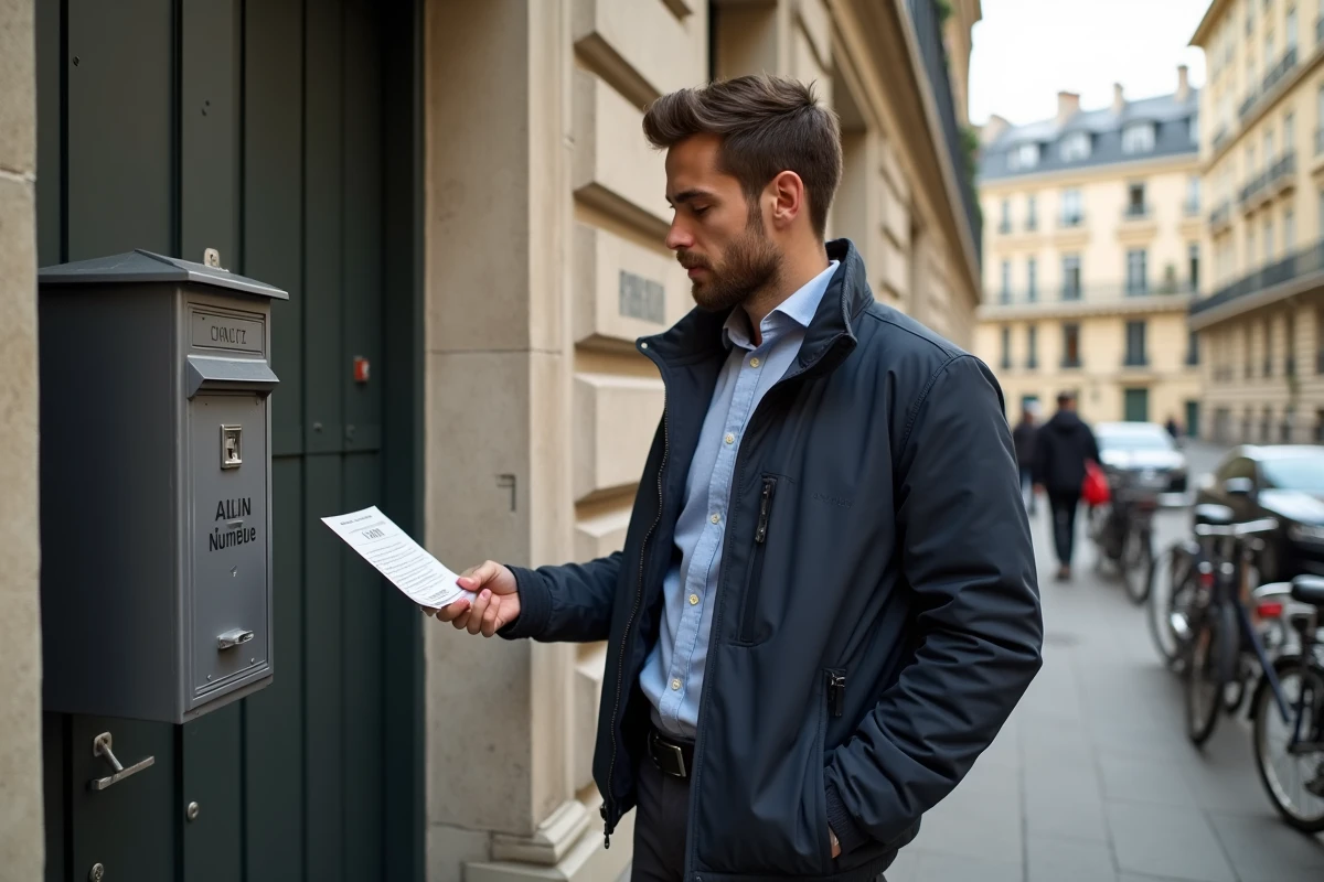 Homme devant un immeuble vérifiant une affiche ALIN