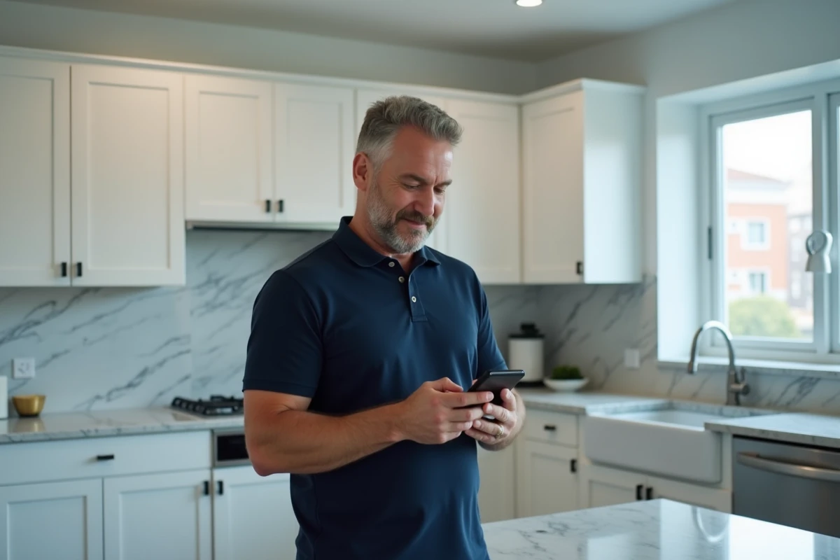 Homme consultant son espace client sur smartphone dans une cuisine moderne au quotidien